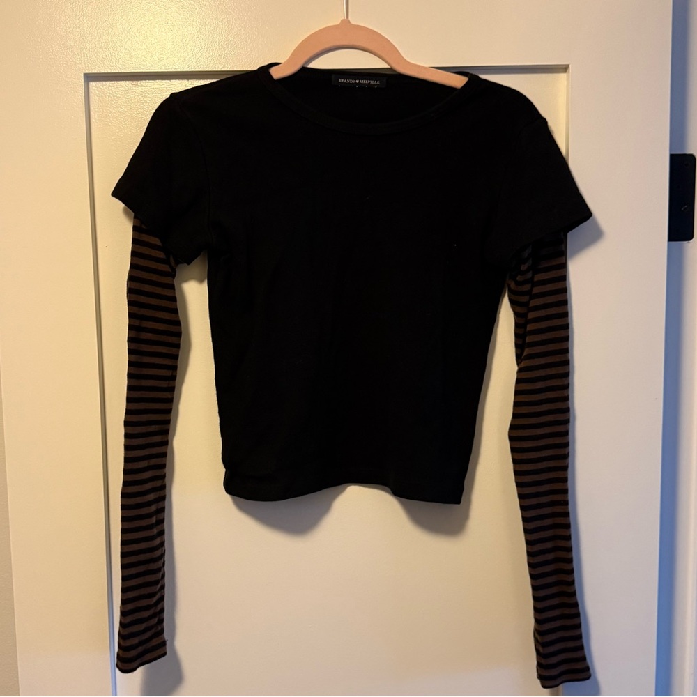 Brandy Melville Black Top with Brown Striped Sleeves